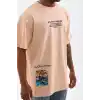 Unisex Bisiklet Yaka Baskılı Oversize T-Shirt - Bej