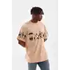 Unisex Bisiklet Yaka Baskılı Oversize T-Shirt - Bej