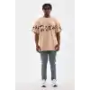 Unisex Bisiklet Yaka Baskılı Oversize T-Shirt - Bej