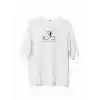 Unisex Bisiklet Yaka Baskılı Oversize T-Shirt - Beyaz
