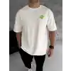 Unisex Bisiklet Yaka Baskılı Oversize T-Shirt - Beyaz