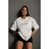 Unisex Bisiklet Yaka Baskılı Oversize T-Shirt - Beyaz