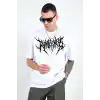 Unisex Bisiklet Yaka Baskılı Oversize T-Shirt - Beyaz