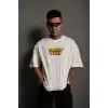 Unisex Bisiklet Yaka Baskılı Oversize T-Shirt - Beyaz