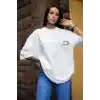 Unisex Bisiklet Yaka Baskılı Oversize T-Shirt - Beyaz