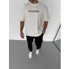Unisex Bisiklet Yaka Baskılı Oversize T-Shirt - Beyaz