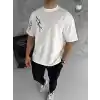 Unisex Bisiklet Yaka Baskılı Oversize T-Shirt - Beyaz