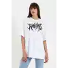 Unisex Bisiklet Yaka Baskılı Oversize T-Shirt - Beyaz