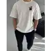 Unisex Bisiklet Yaka Baskılı Oversize T-Shirt - Beyaz