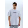 Unisex Bisiklet Yaka Baskılı Oversize T-Shirt - Beyaz