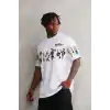 Unisex Bisiklet Yaka Baskılı Oversize T-Shirt - Beyaz
