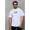 Unisex Bisiklet Yaka Baskılı Oversize T-Shirt - Beyaz
