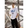 Unisex Bisiklet Yaka Baskılı Oversize T-Shirt - Beyaz