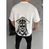 Unisex Bisiklet Yaka Baskılı Oversize T-Shirt - Beyaz