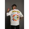 Unisex Bisiklet Yaka Baskılı Oversize T-Shirt - Beyaz