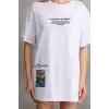 Unisex Bisiklet Yaka Baskılı Oversize T-Shirt - Beyaz