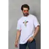 Unisex Bisiklet Yaka Baskılı Oversize T-Shirt - Beyaz