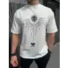 Unisex Bisiklet Yaka Baskılı Oversize T-Shirt - Beyaz