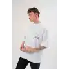 Unisex Bisiklet Yaka Baskılı Oversize T-Shirt - Beyaz