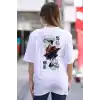 Unisex Bisiklet Yaka Baskılı Oversize T-Shirt - Beyaz