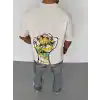 Unisex Bisiklet Yaka Baskılı Oversize T-Shirt - Beyaz