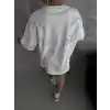 Unisex Bisiklet Yaka Baskılı Oversize T-Shirt - Beyaz