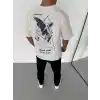 Unisex Bisiklet Yaka Baskılı Oversize T-Shirt - Beyaz