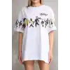 Unisex Bisiklet Yaka Baskılı Oversize T-Shirt - Beyaz