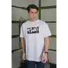 Unisex Bisiklet Yaka Baskılı Oversize T-Shirt - Beyaz