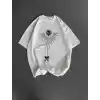 Unisex Bisiklet Yaka Baskılı Oversize T-Shirt - Beyaz