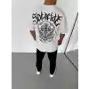 Unisex Bisiklet Yaka Baskılı Oversize T-Shirt - Beyaz