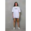 Unisex Bisiklet Yaka Baskılı Oversize T-Shirt - Beyaz