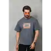 Unisex Bisiklet Yaka Baskılı Oversize T-Shirt - Füme