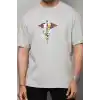 Unisex Bisiklet Yaka Baskılı Oversize T-Shirt - Gri