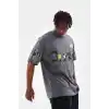 Unisex Bisiklet Yaka Baskılı Oversize T-Shirt - Gri