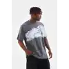 Unisex Bisiklet Yaka Baskılı Oversize T-Shirt - Gri