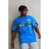 Unisex Bisiklet Yaka Baskılı Oversize T-Shirt - Mavi