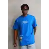 Unisex Bisiklet Yaka Baskılı Oversize T-Shirt - Mavi
