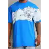 Unisex Bisiklet Yaka Baskılı Oversize T-Shirt - Mavi