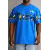Unisex Bisiklet Yaka Baskılı Oversize T-Shirt - Mavi