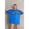 Unisex Bisiklet Yaka Baskılı Oversize T-Shirt - Mavi