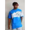 Unisex Bisiklet Yaka Baskılı Oversize T-Shirt - Mavi