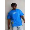 Unisex Bisiklet Yaka Baskılı Oversize T-Shirt - Mavi