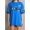 Unisex Bisiklet Yaka Baskılı Oversize T-Shirt - Mavi