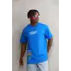 Unisex Bisiklet Yaka Baskılı Oversize T-Shirt - Mavi