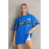 Unisex Bisiklet Yaka Baskılı Oversize T-Shirt - Mavi
