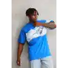 Unisex Bisiklet Yaka Baskılı Oversize T-Shirt - Mavi