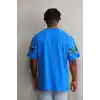 Unisex Bisiklet Yaka Baskılı Oversize T-Shirt - Mavi