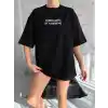 Unisex Bisiklet Yaka Baskılı Oversize T-Shirt - Siyah