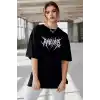 Unisex Bisiklet Yaka Baskılı Oversize T-Shirt - Siyah